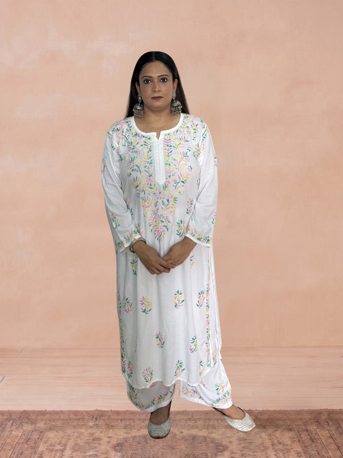 Rayon Chikankari Women's 2PC Long Kurta Set - White