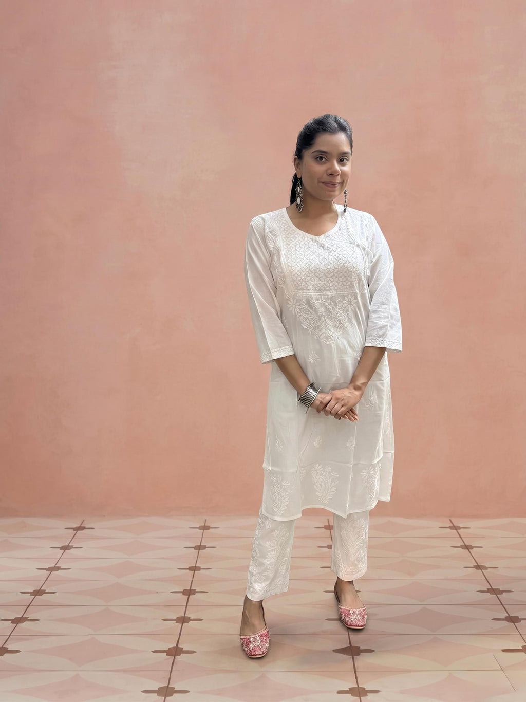 Cotton Chikankari Solid Women’s Angrakha Kurta Set