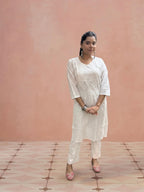 Cotton Chikankari Solid Women’s Angrakha Kurta Set