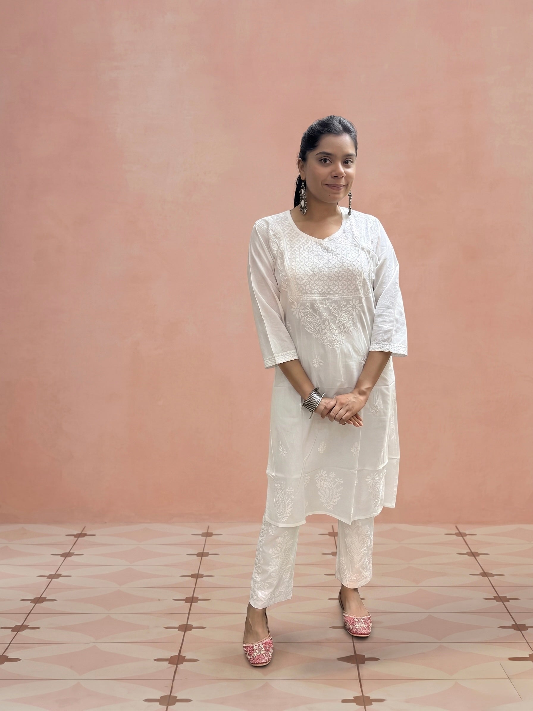 Cotton Chikankari Solid Women’s Angrakha Kurta