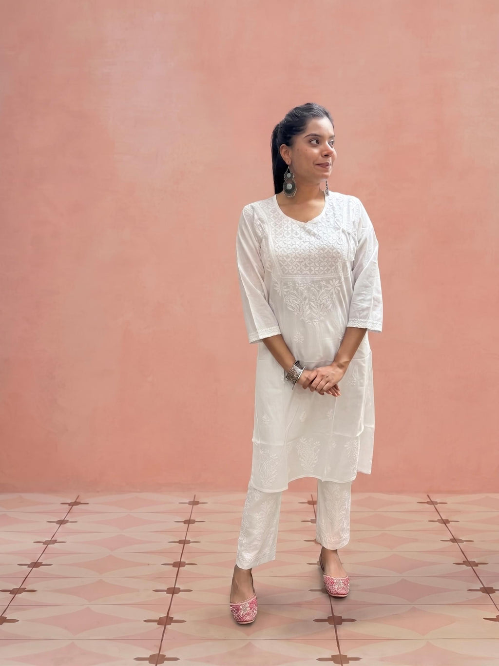 Cotton Chikankari Solid Women’s Angrakha Kurta Set