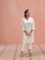 Cotton Chikankari Solid Women’s Angrakha Kurta Set