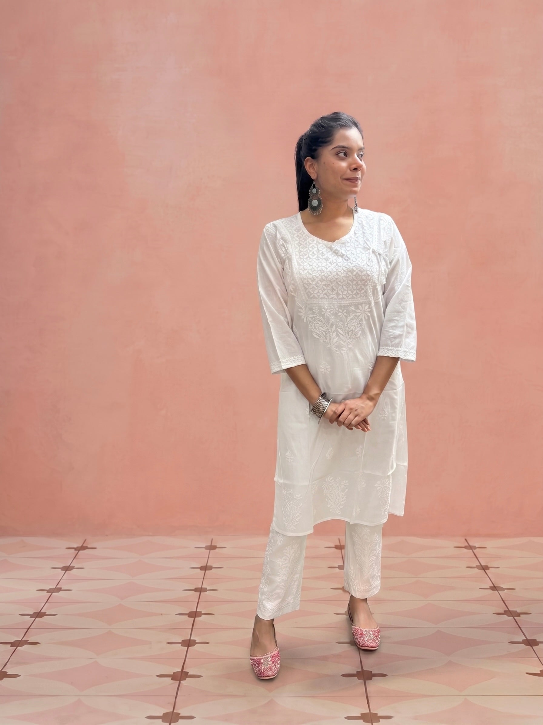 Cotton Chikankari Solid Women’s Angrakha Kurta