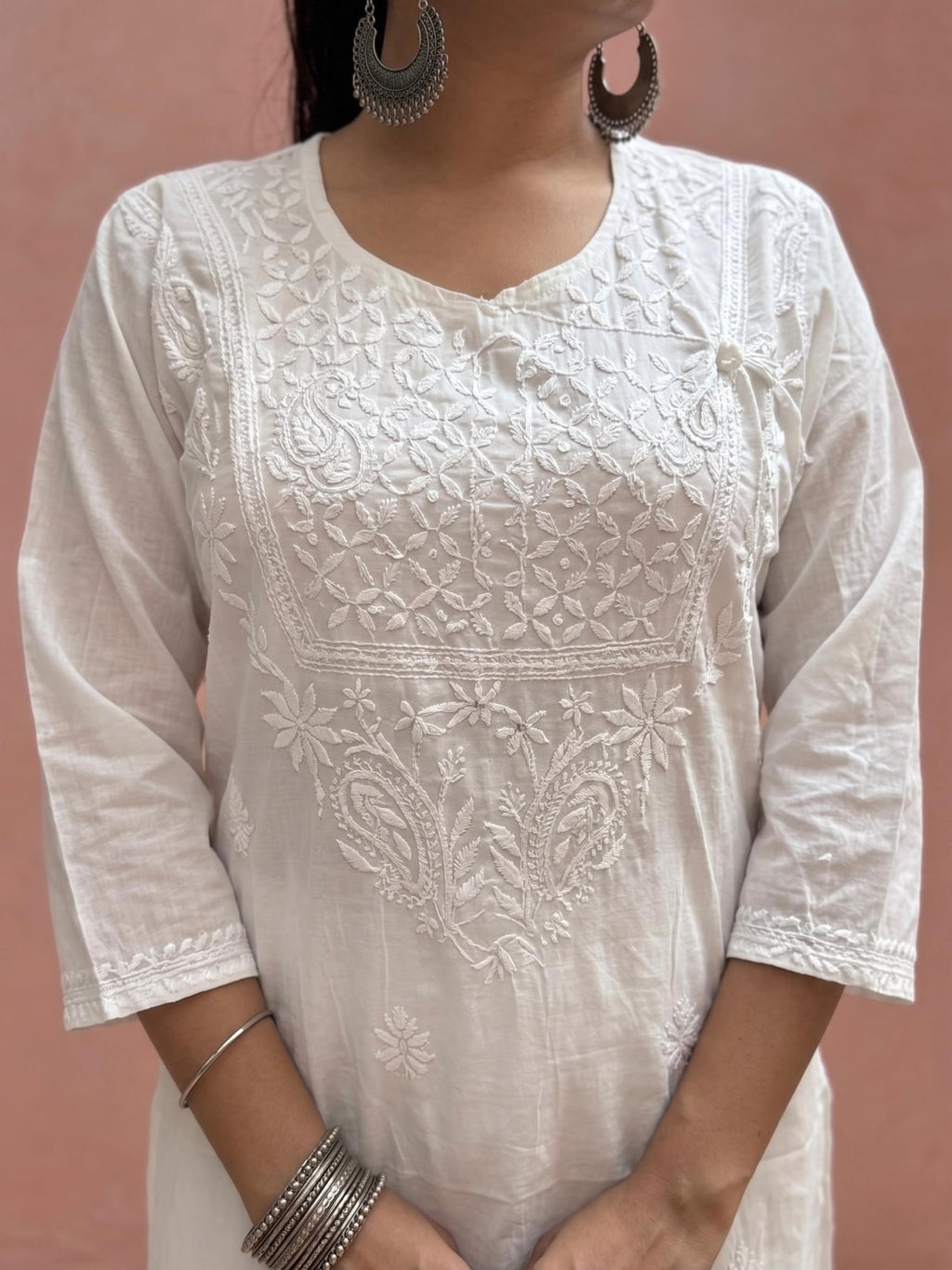 Cotton Chikankari Solid Women’s Angrakha Kurta Set