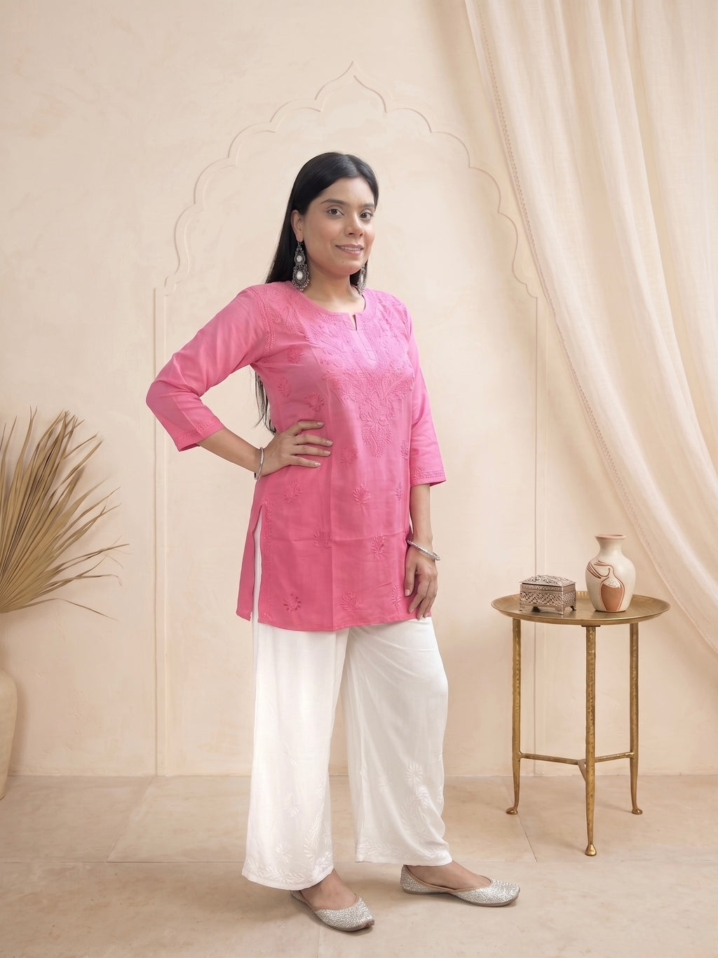 Rayon Chikankari Ombre Women's Short Kurta - Pink