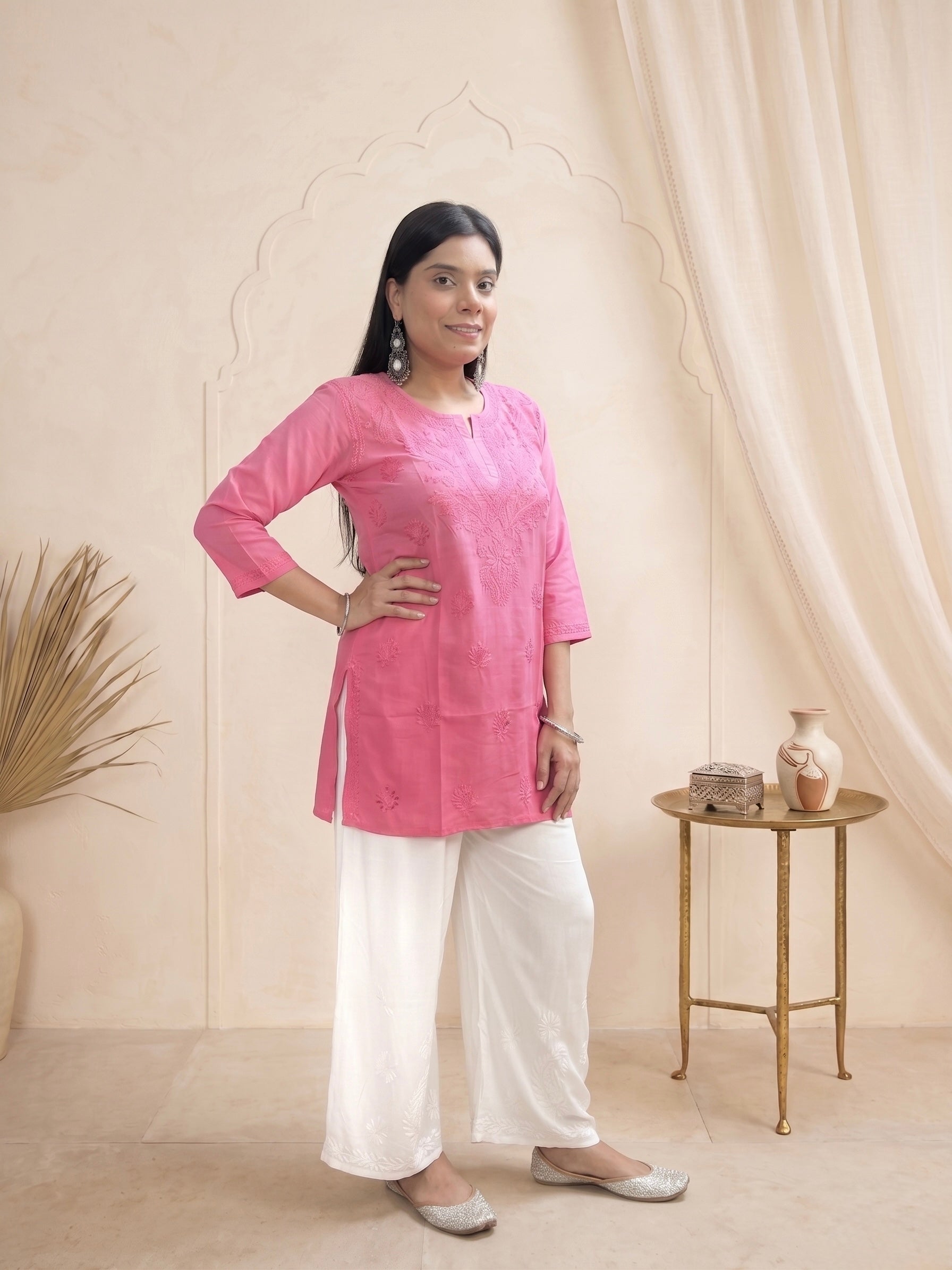 Rayon Chikankari Ombre Women's Short Kurta - Pink