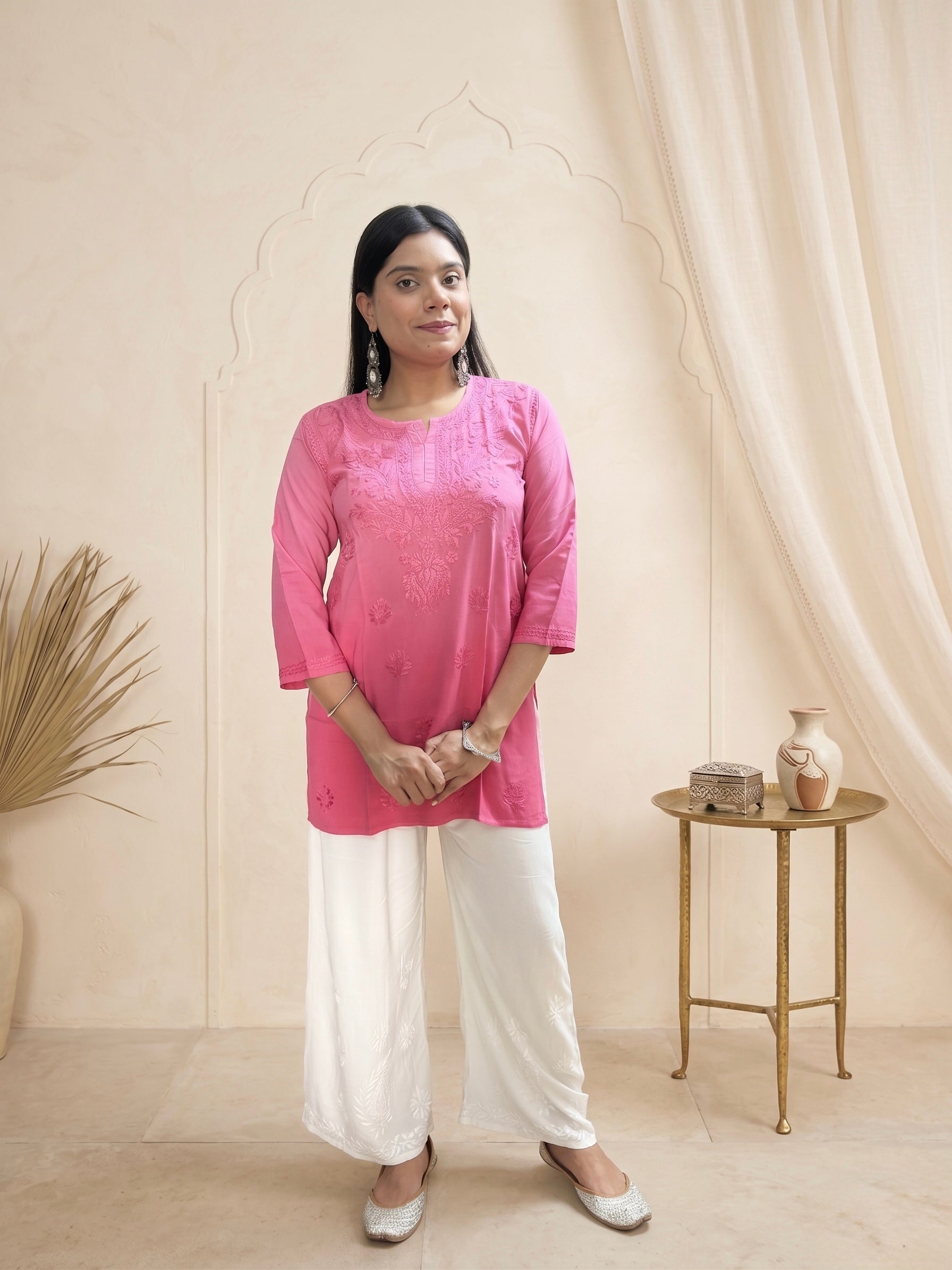 Rayon Chikankari Ombre Women's Short Kurta - Pink