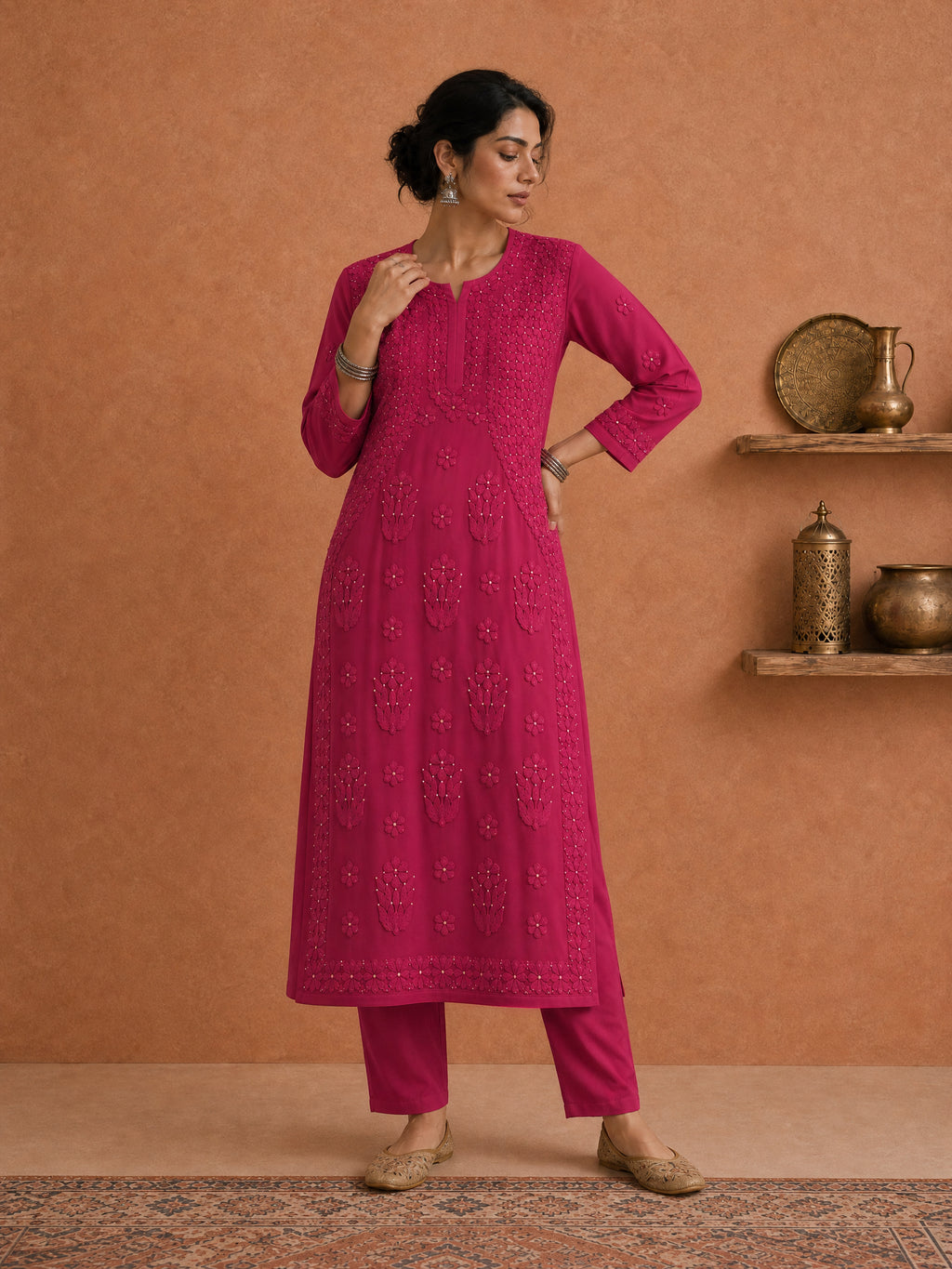 Magenta Utsav Georgette Chikankari Long Kurti 