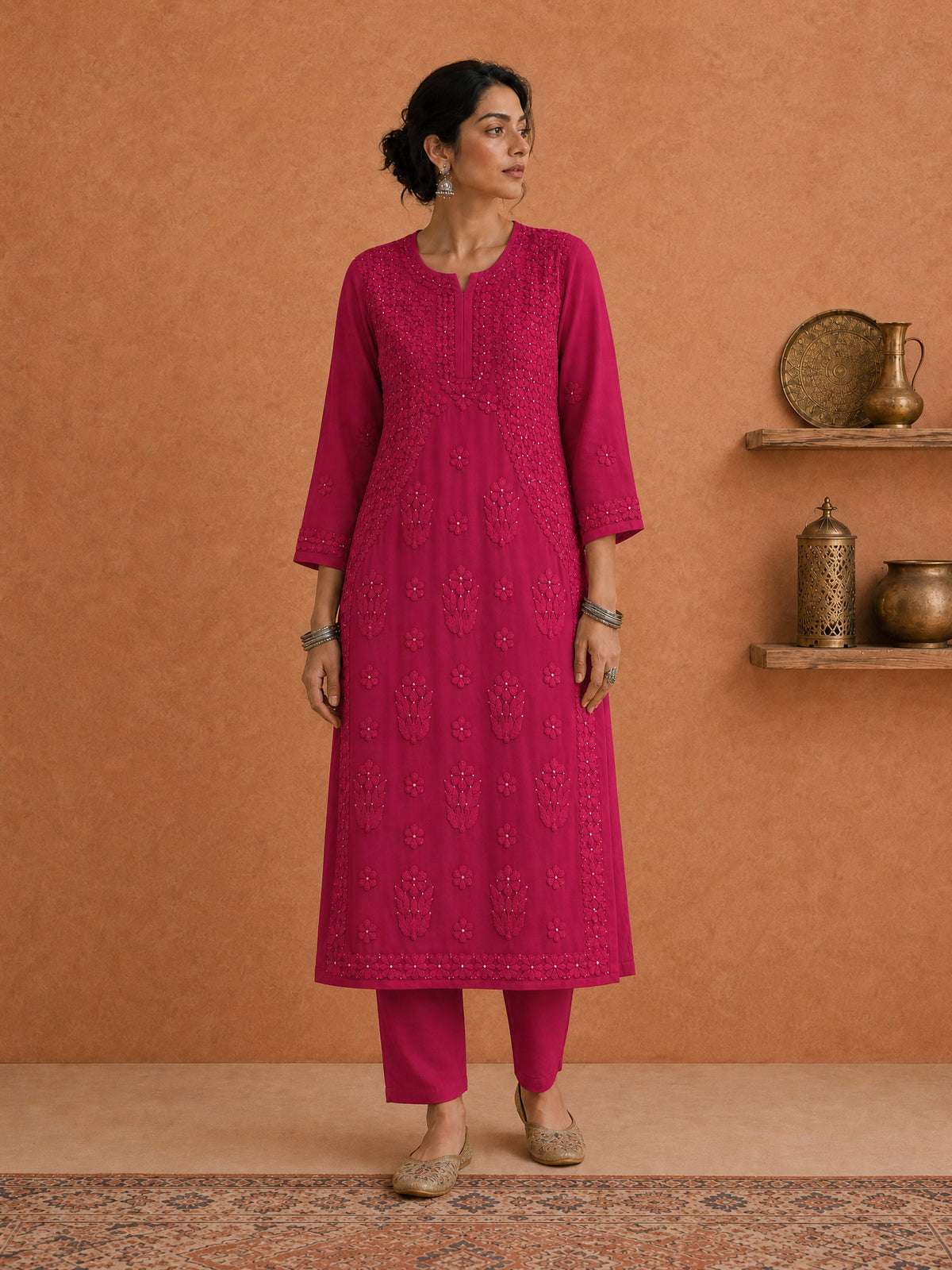 Magenta Utsav Georgette Chikankari Long Kurti 