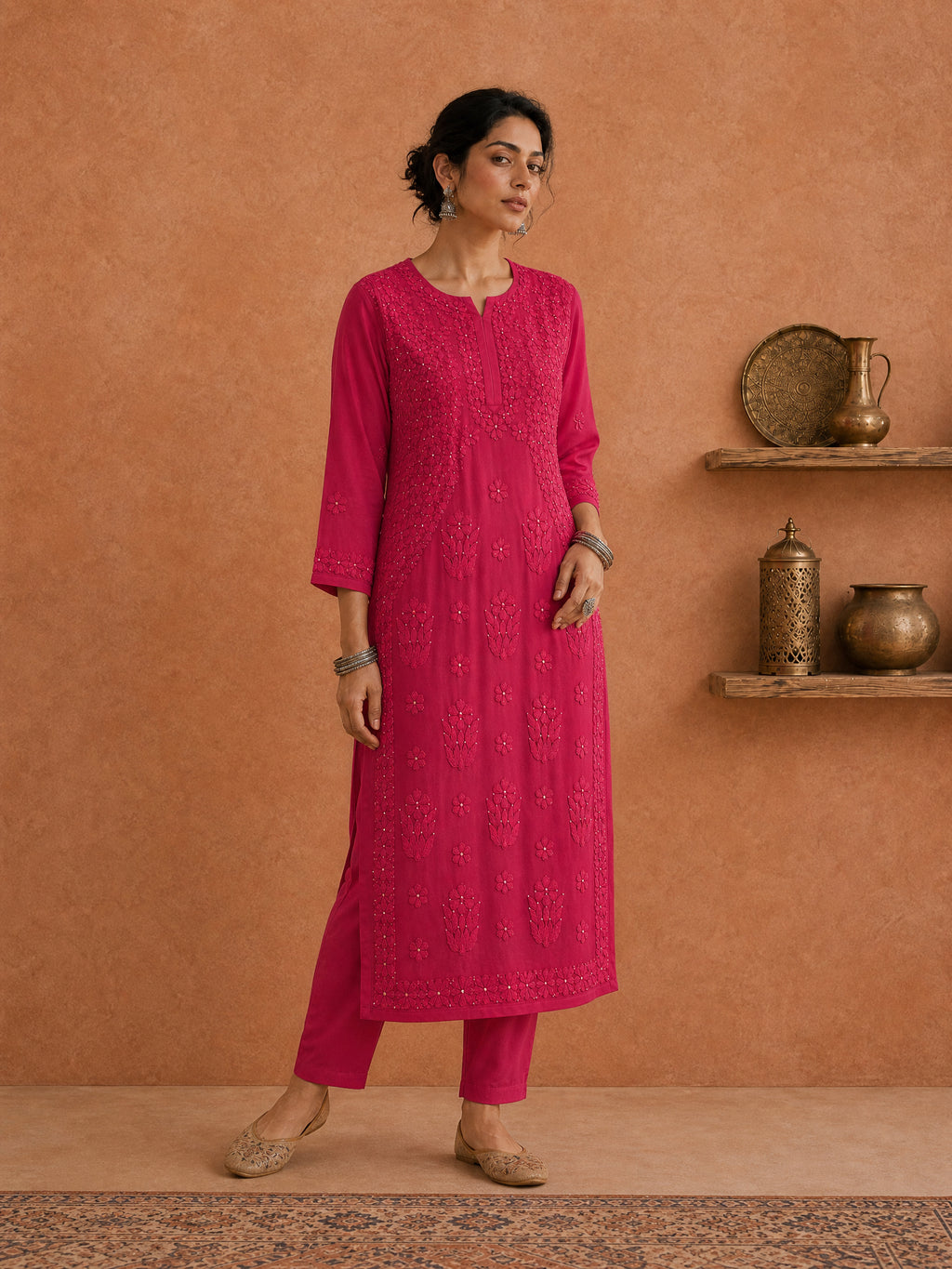 Magenta Utsav Georgette Chikankari Long Kurti 