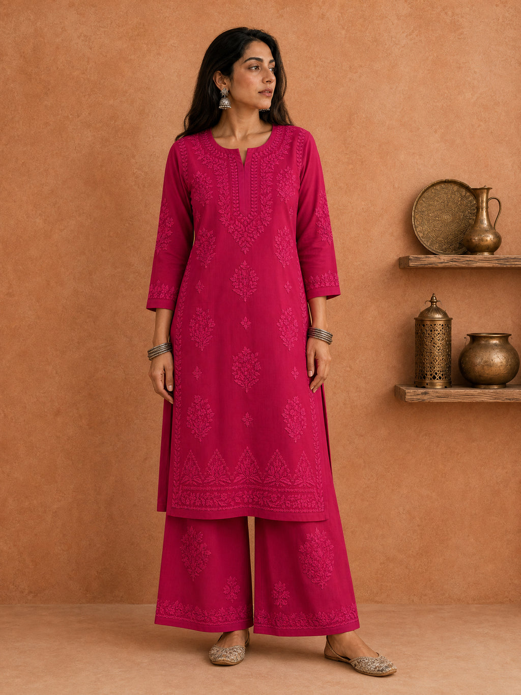 Shop Magenta Rangat Rayon Chikankari Kurta Set