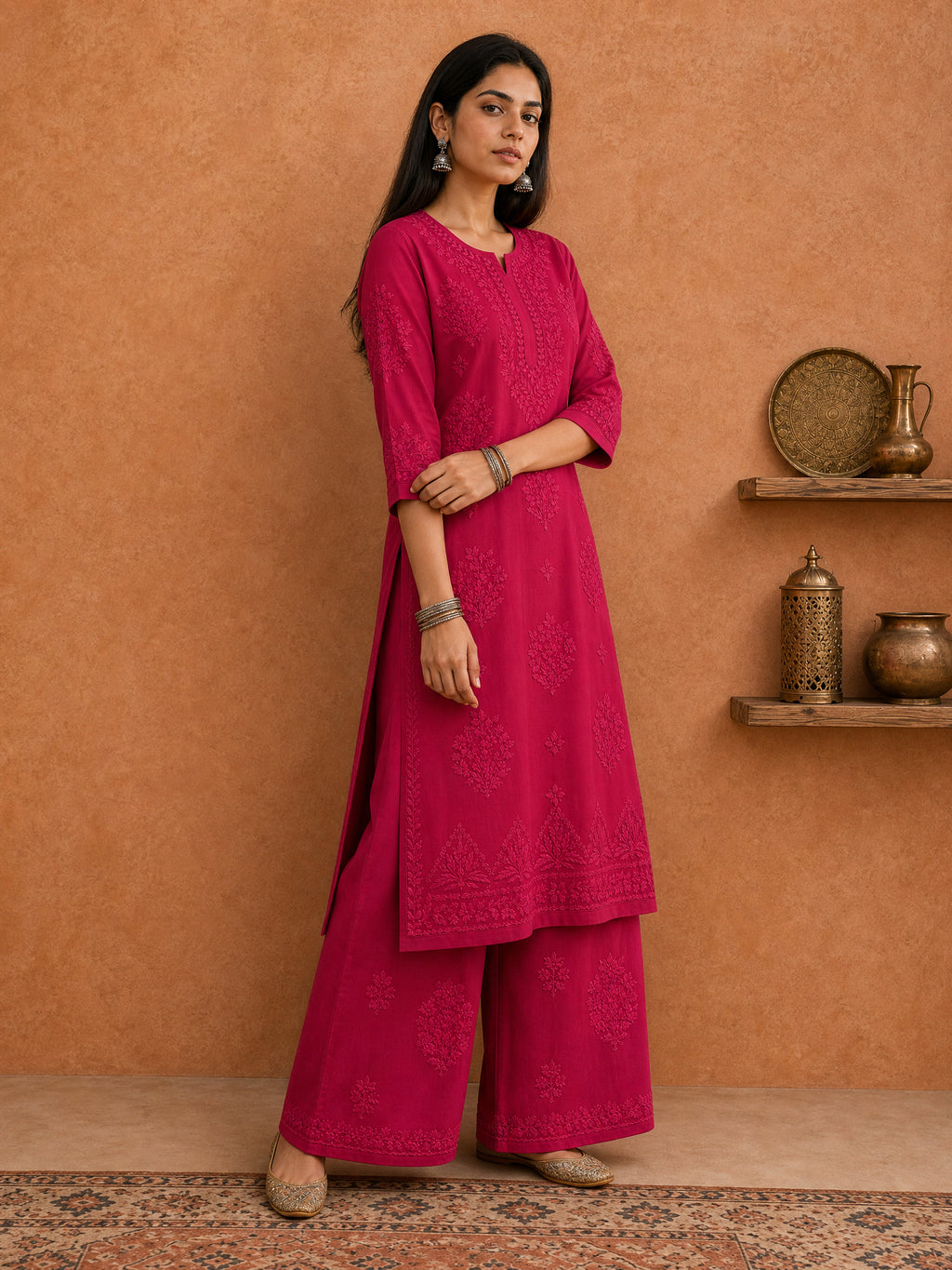 Shop Magenta Rangat Rayon Chikankari Kurta Set