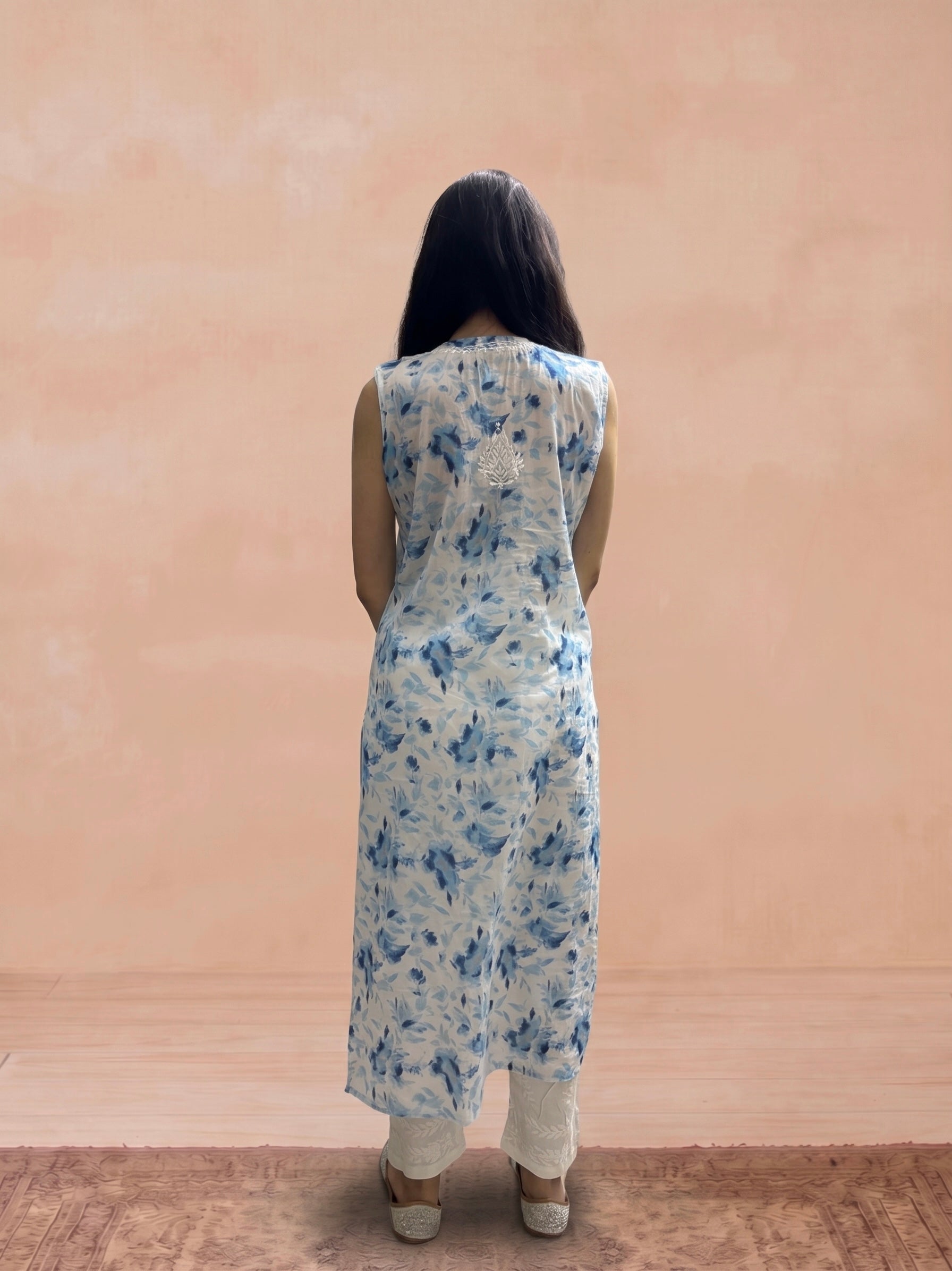 Mulmul Chikankari Printed Women's Long Kurti - Blue