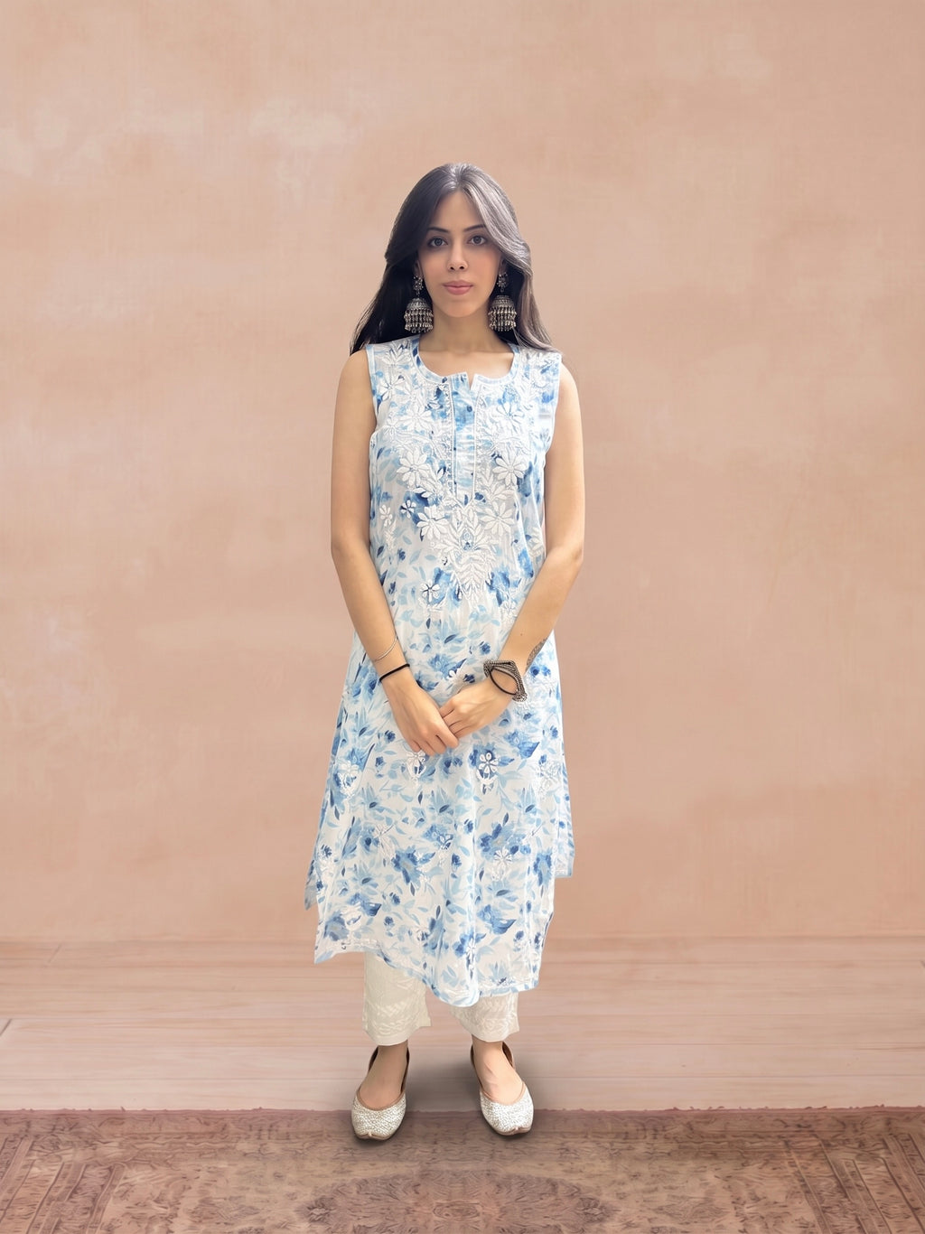Mulmul Chikankari Printed Women's Long Kurti - Blue