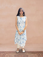 Mulmul Chikankari Printed Women's Long Kurti - Blue