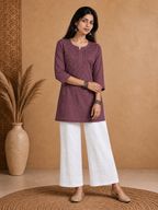 Muslin Chikankari Solid Women's Short Kurta - Purple