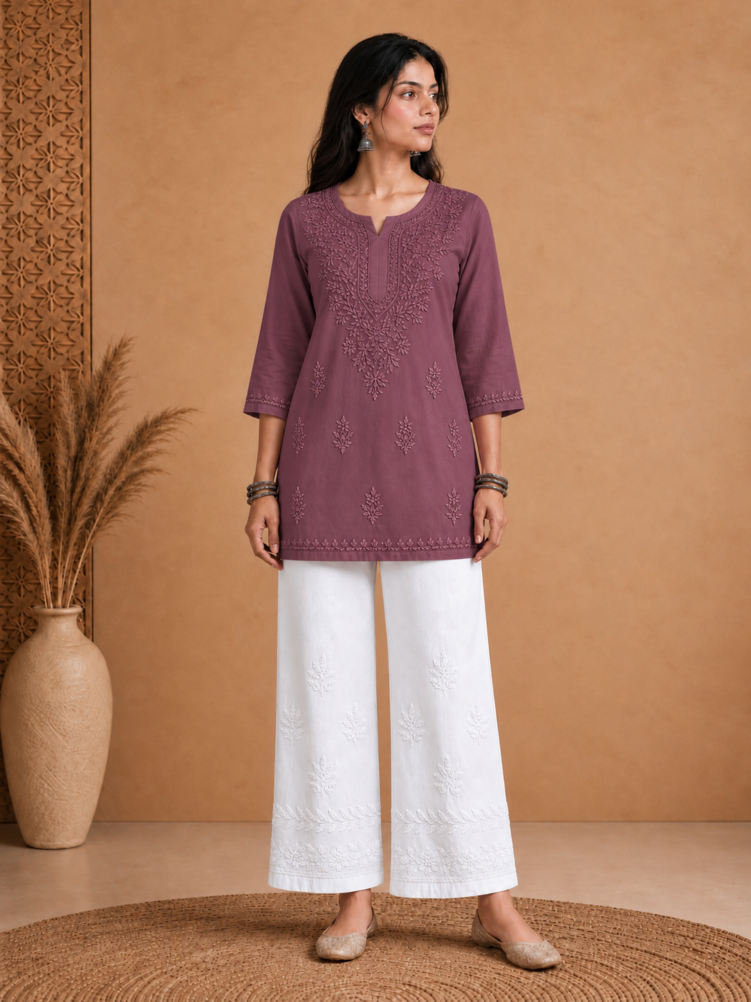 Muslin Chikankari Solid Women's Short Kurta - Purple