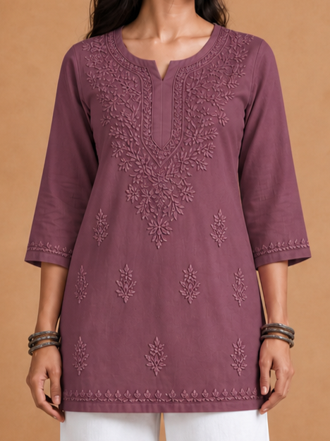 Muslin Chikankari Solid Women's Short Kurta - Purple