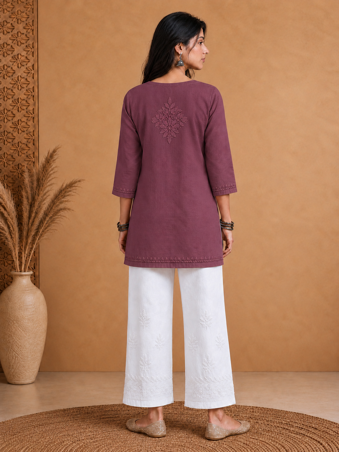 Muslin Chikankari Solid Women's Short Kurta - Purple