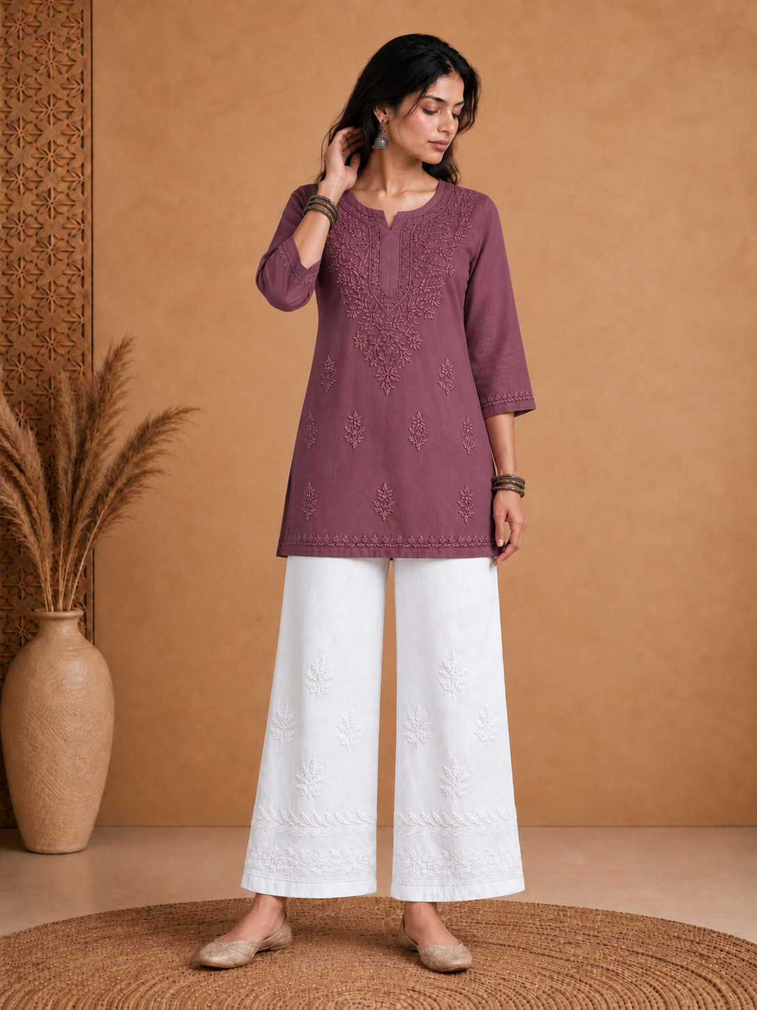 Muslin Chikankari Solid Women's Short Kurta - Purple
