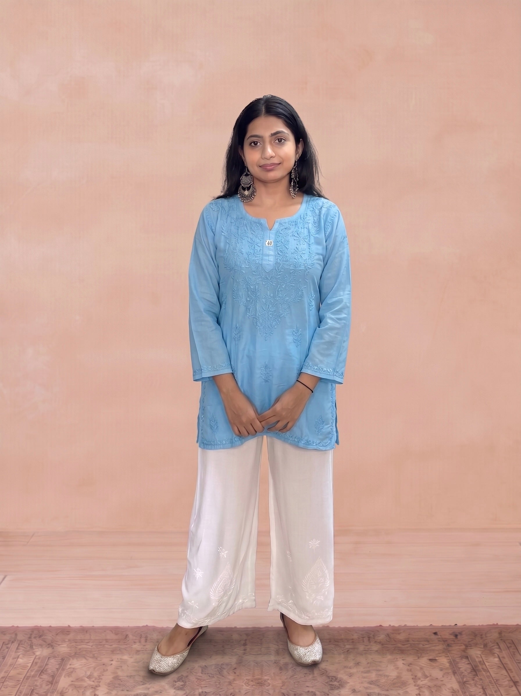 Muslin Chikankari Solid Women's Short Kurta - Blue
