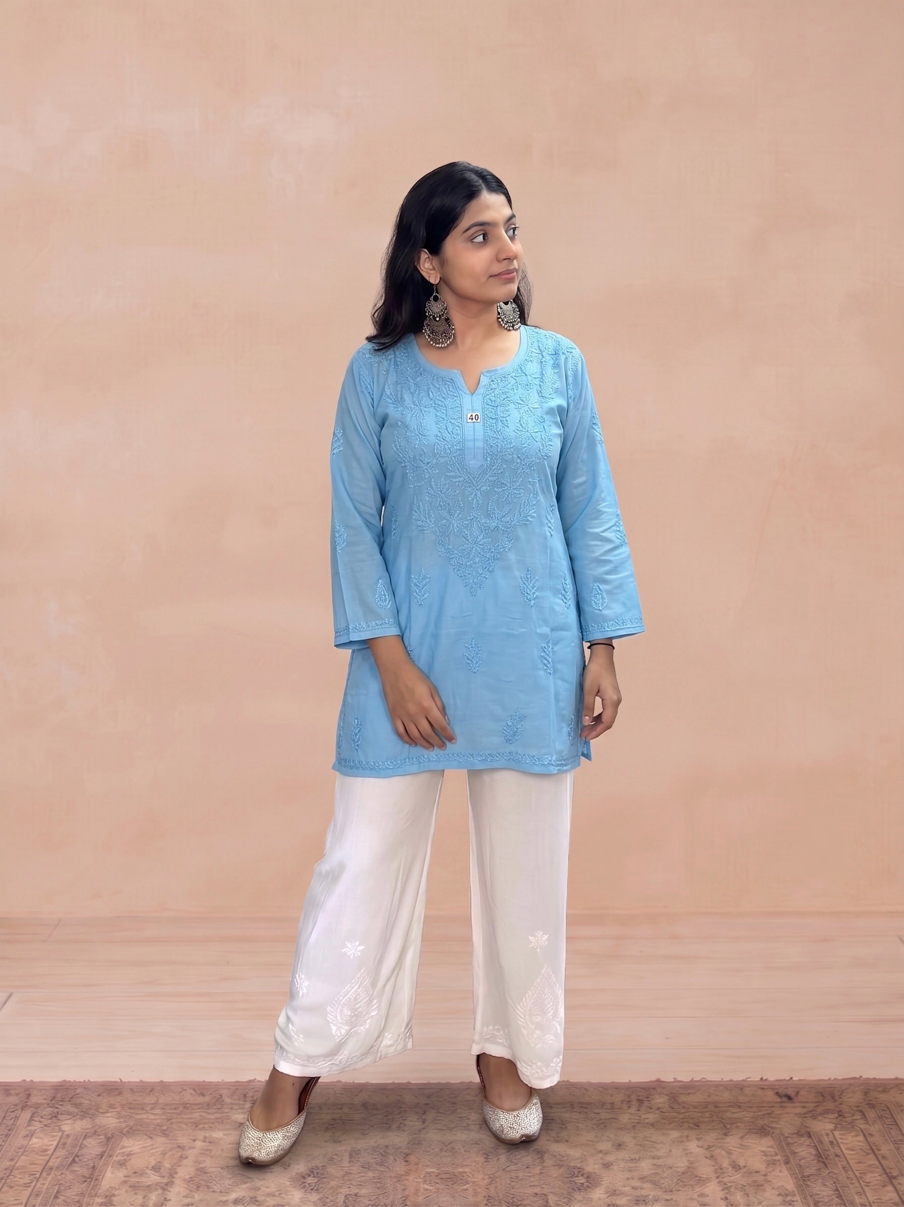 Muslin Chikankari Solid Women's Short Kurta - Blue