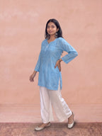 Muslin Chikankari Solid Women's Short Kurta - Blue