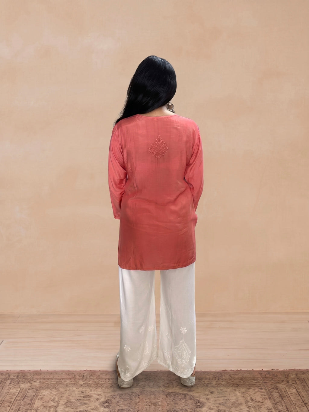 Muslin Chikankari Solid Women's Short Kurta - Orange
