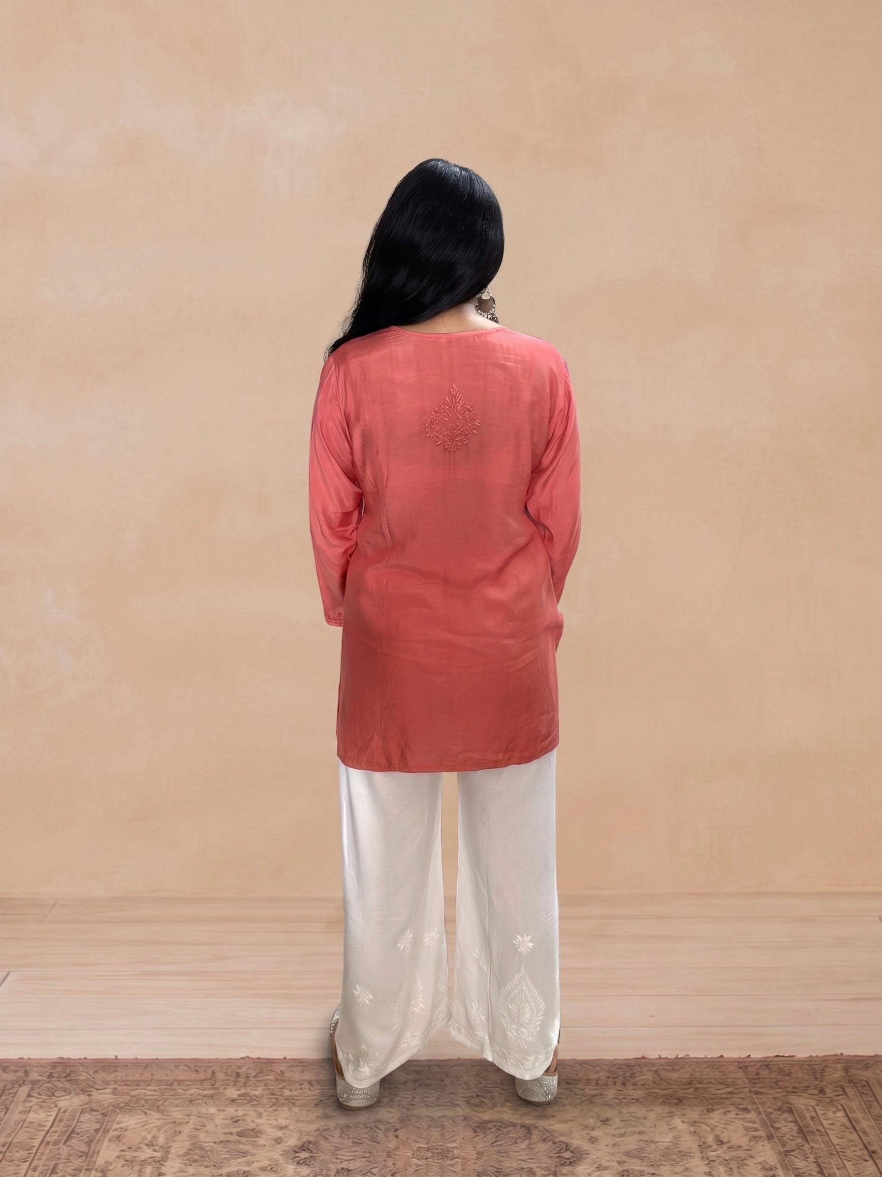Muslin Chikankari Solid Women's Short Kurta - Orange