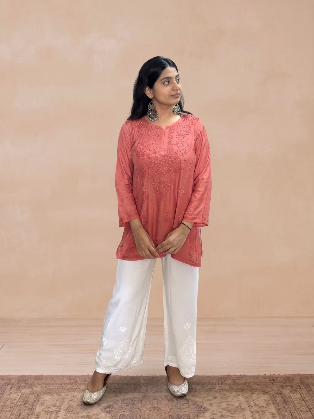 Muslin Chikankari Solid Women's Short Kurta - Orange