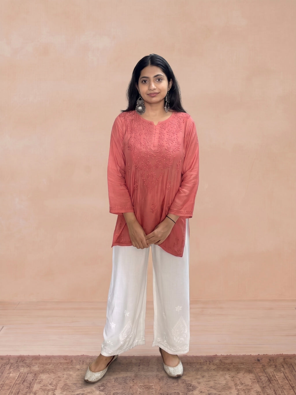 Muslin Chikankari Solid Women's Short Kurta - Orange