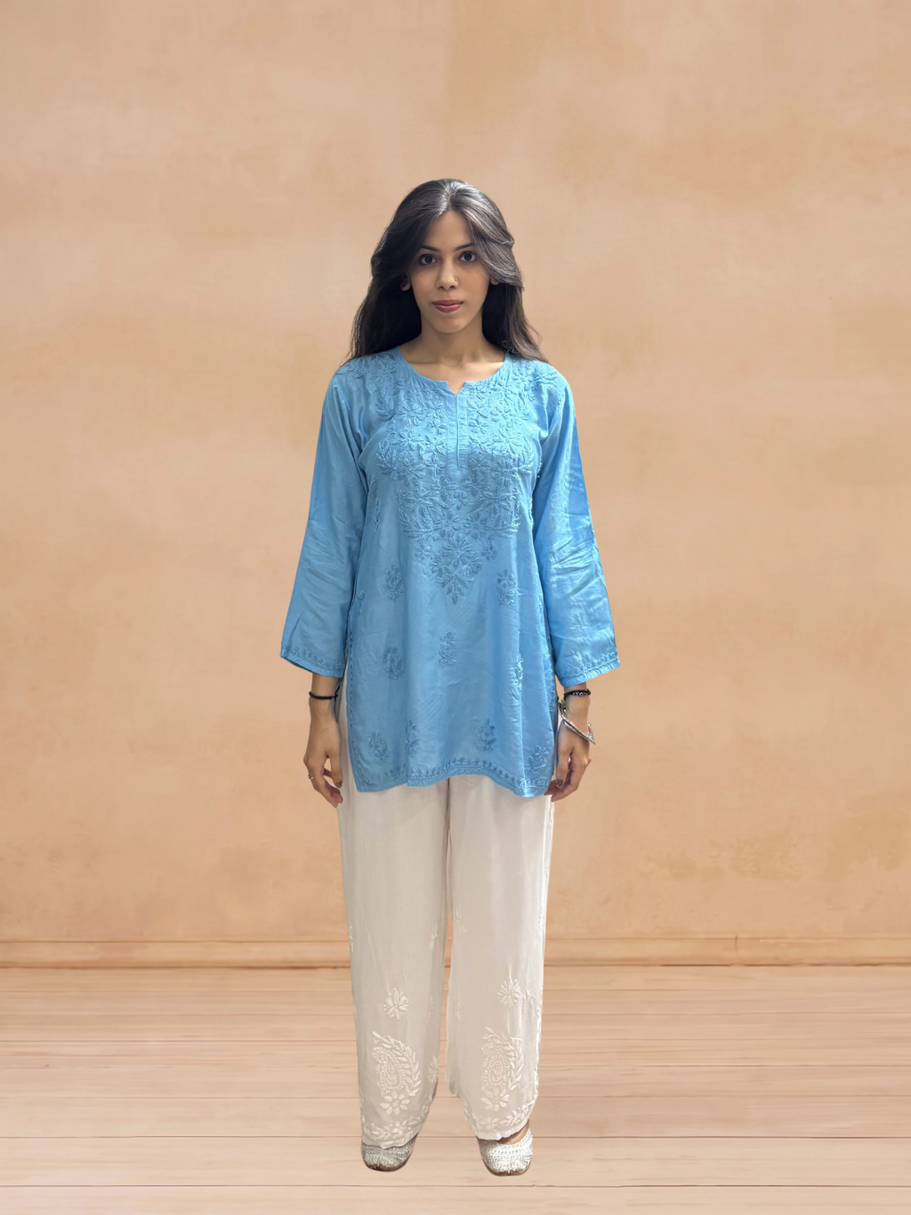 Muslin Chikankari Solid Women's Short Kurta - Blue