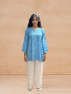 Muslin Chikankari Solid Women's Short Kurta - Blue