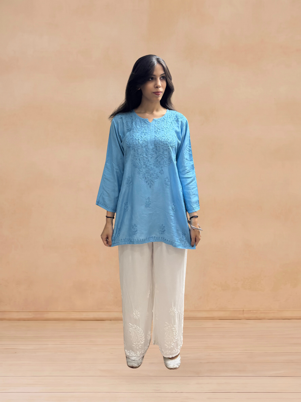 Muslin Chikankari Solid Women's Short Kurta - Blue