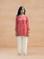 Muslin Chikankari Solid Women's Short Kurta - Orange