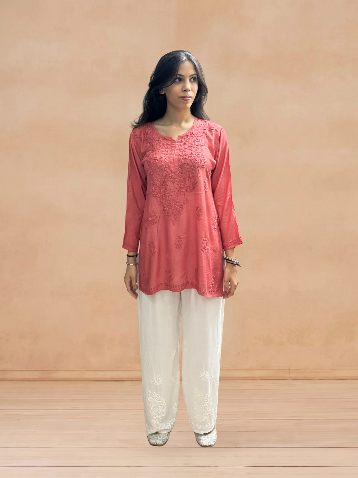 Muslin Chikankari Solid Women's Short Kurta - Orange