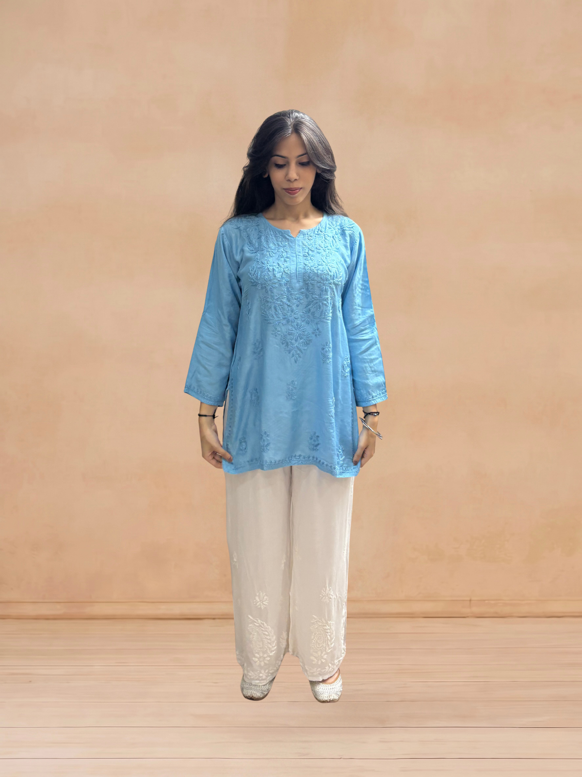 Muslin Chikankari Solid Women's Short Kurta - Blue