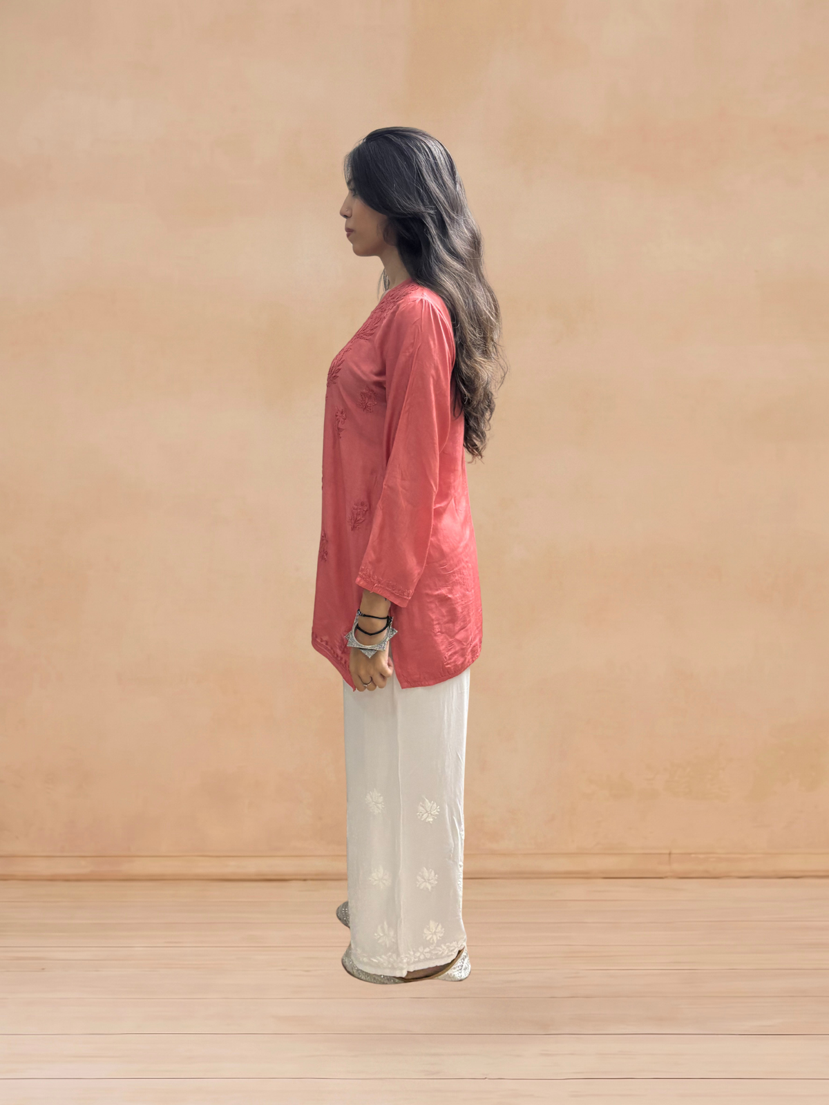 Muslin Chikankari Solid Women's Short Kurta - Orange