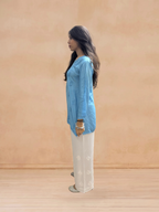 Muslin Chikankari Solid Women's Short Kurta - Blue
