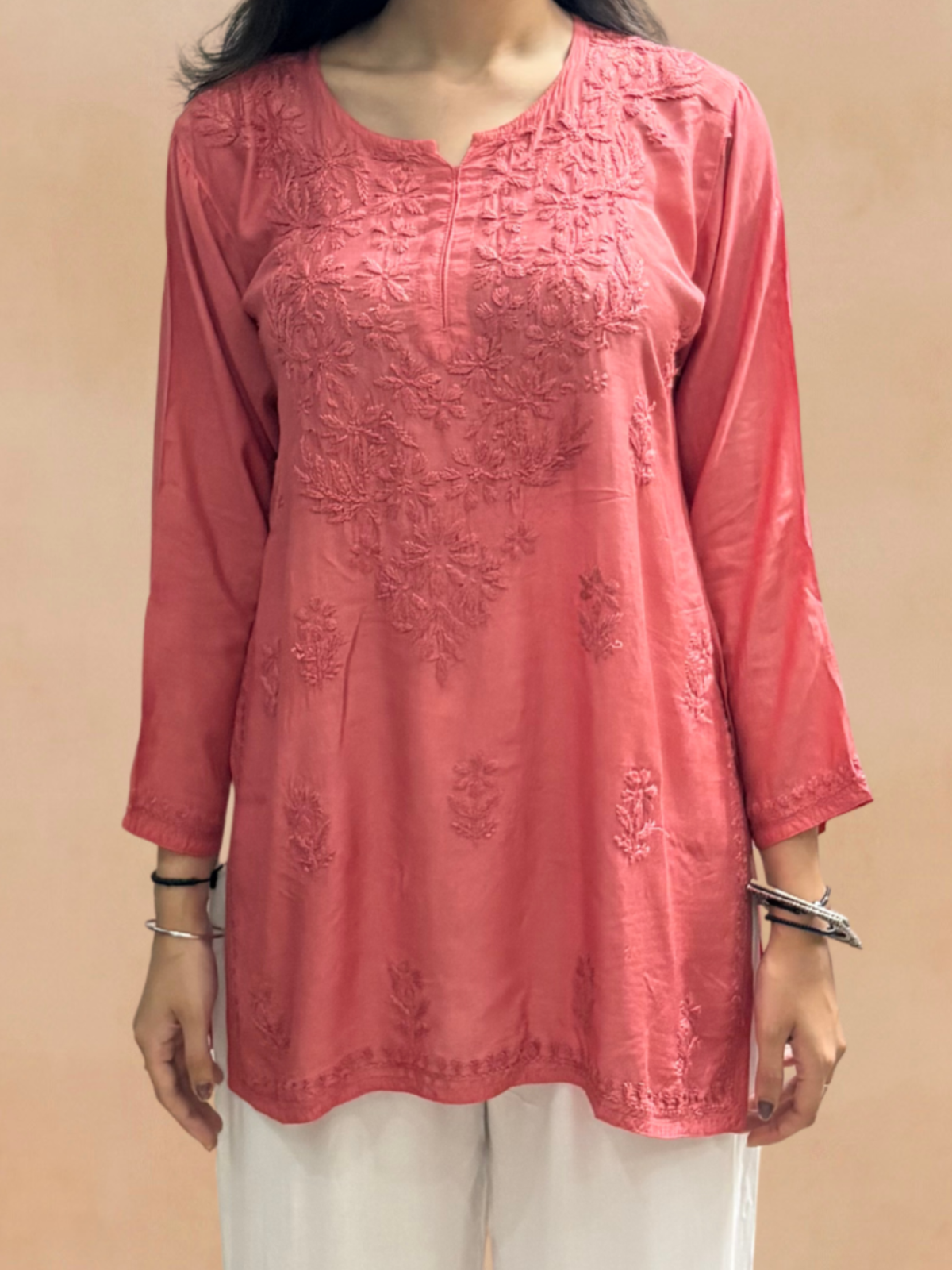 Muslin Chikankari Solid Women's Short Kurta - Orange