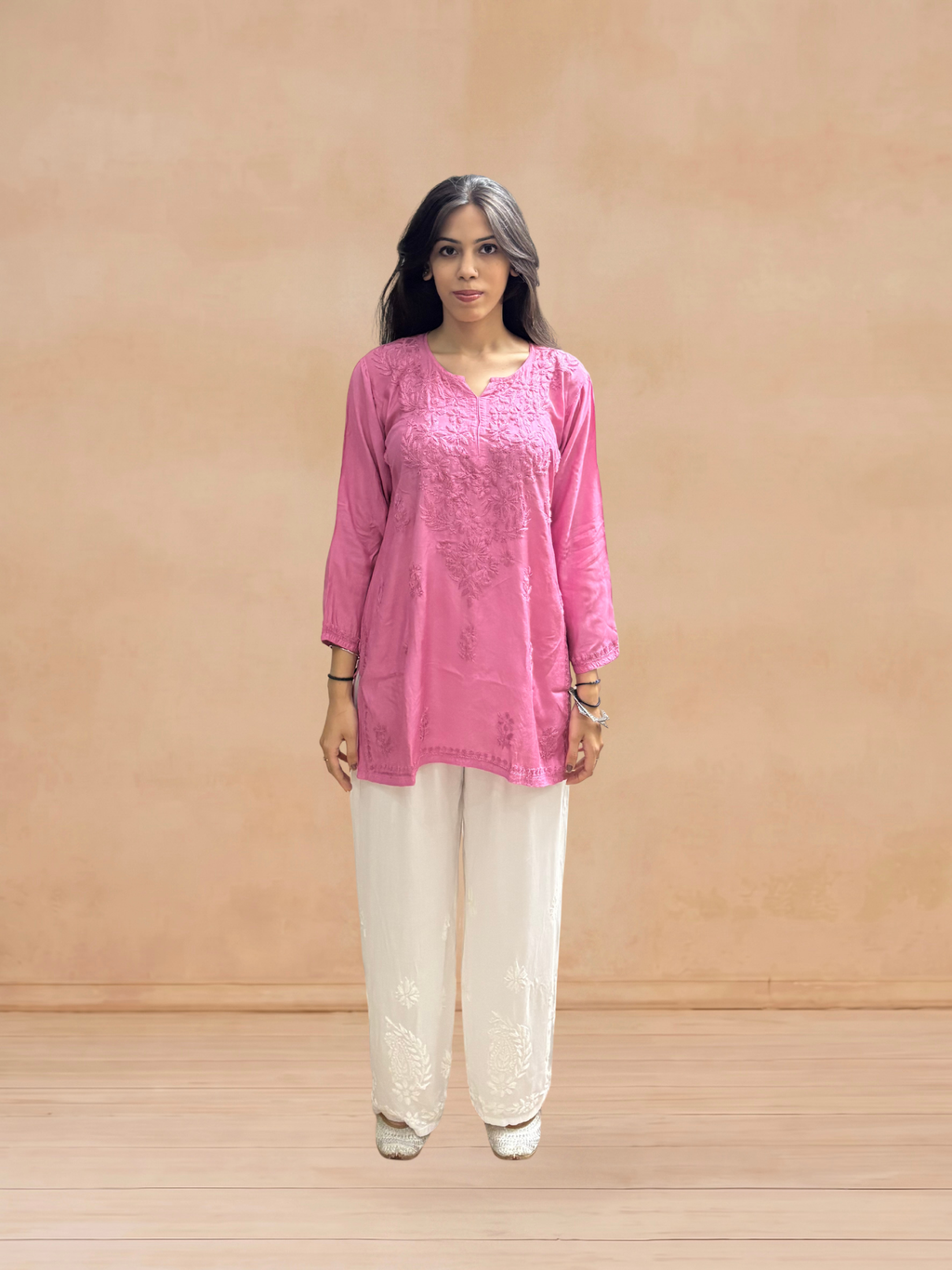 Muslin Chikankari Solid Women's Short Kurta - Pink
