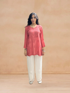 Muslin Chikankari Solid Women's Short Kurta - Orange