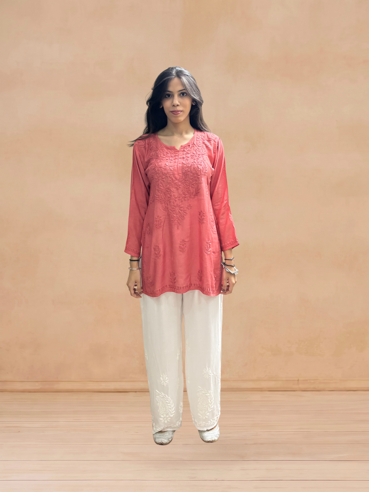 Muslin Chikankari Solid Women's Short Kurta - Orange
