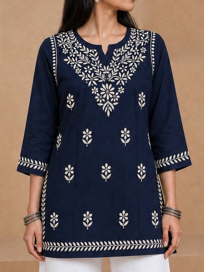 Milan Rayon Chikankari Short Kurta - Blue