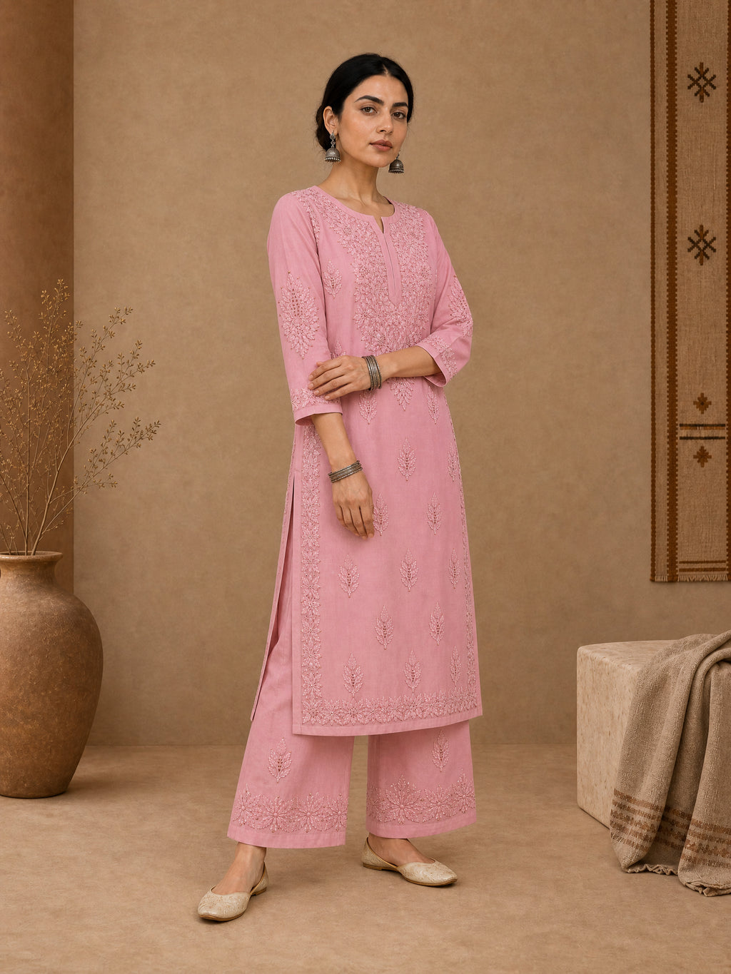 Pink Aangan Chanderi Chikankari Kurta Set