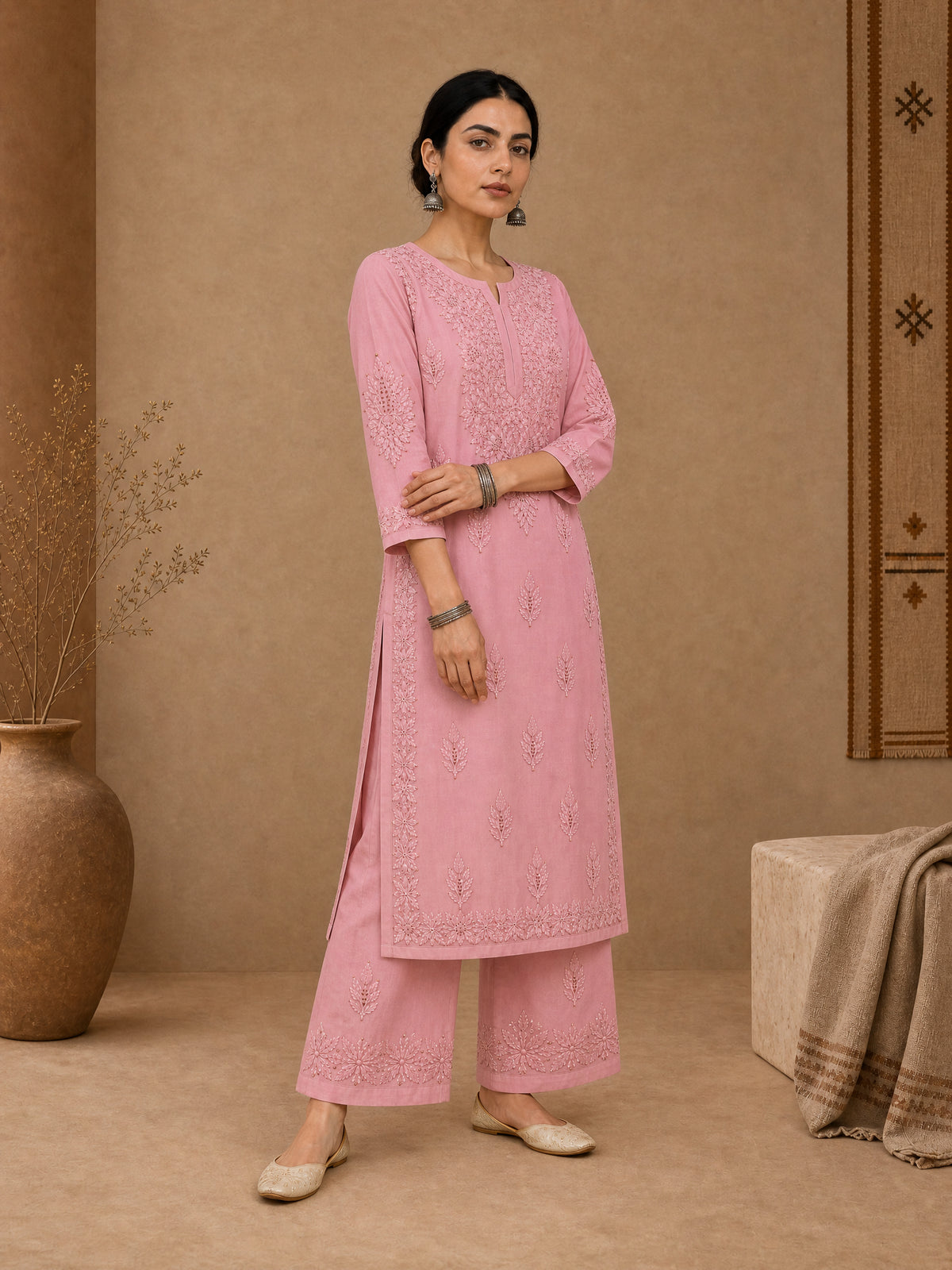 Pink Aangan Chanderi Chikankari Kurta Set