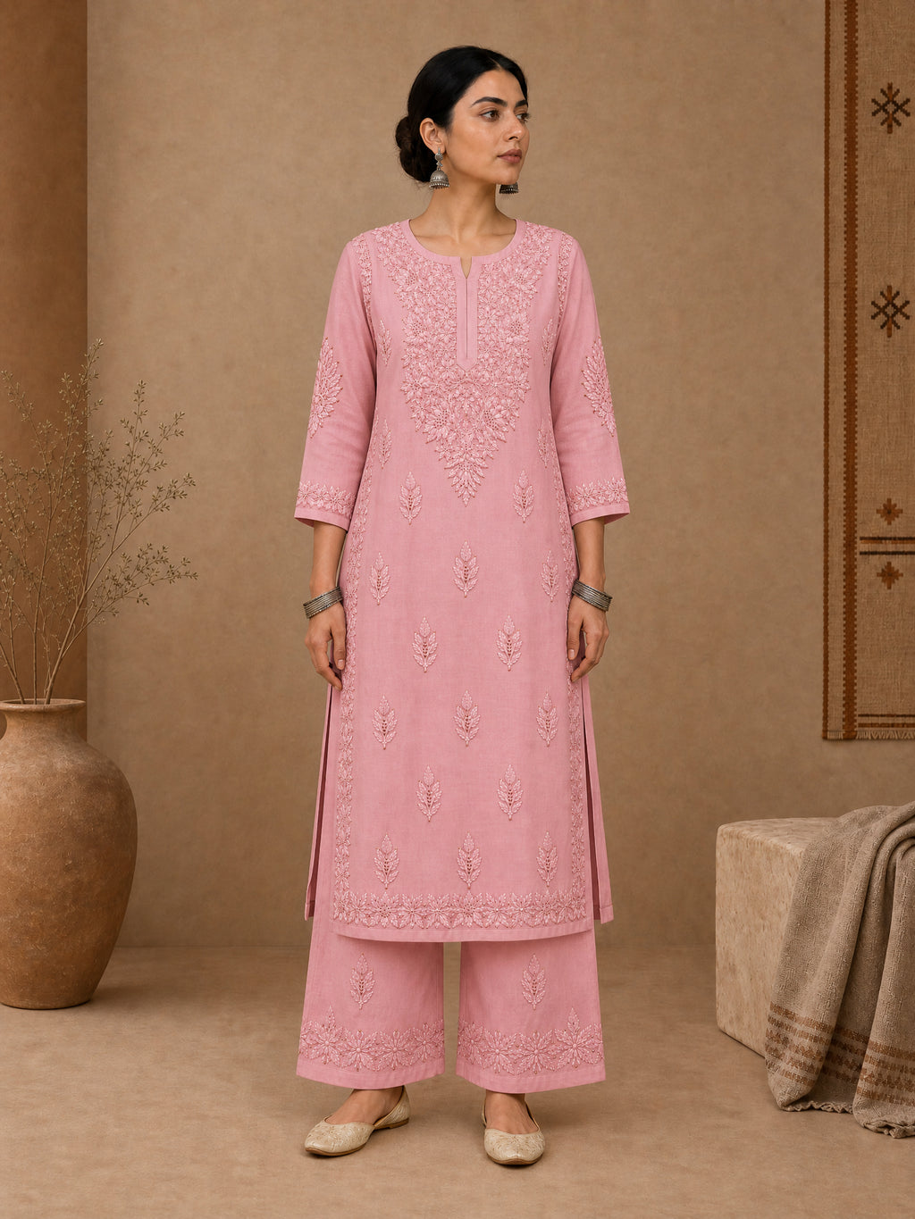 Pink Aangan Chanderi Chikankari Kurta Set