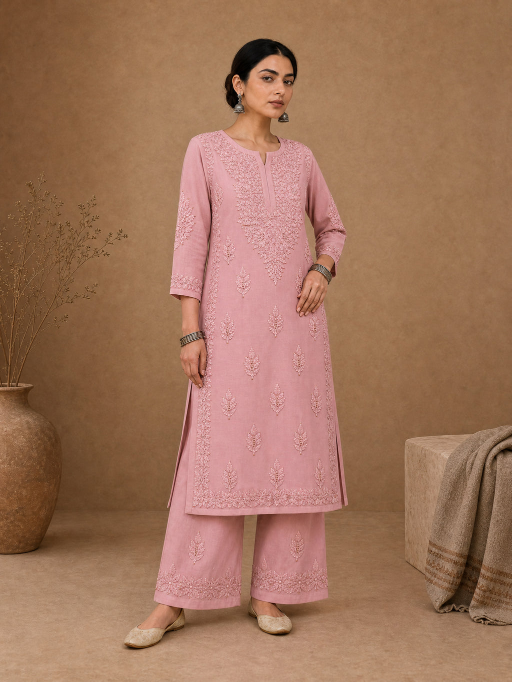 Pink Aangan Chanderi Chikankari Kurta Set