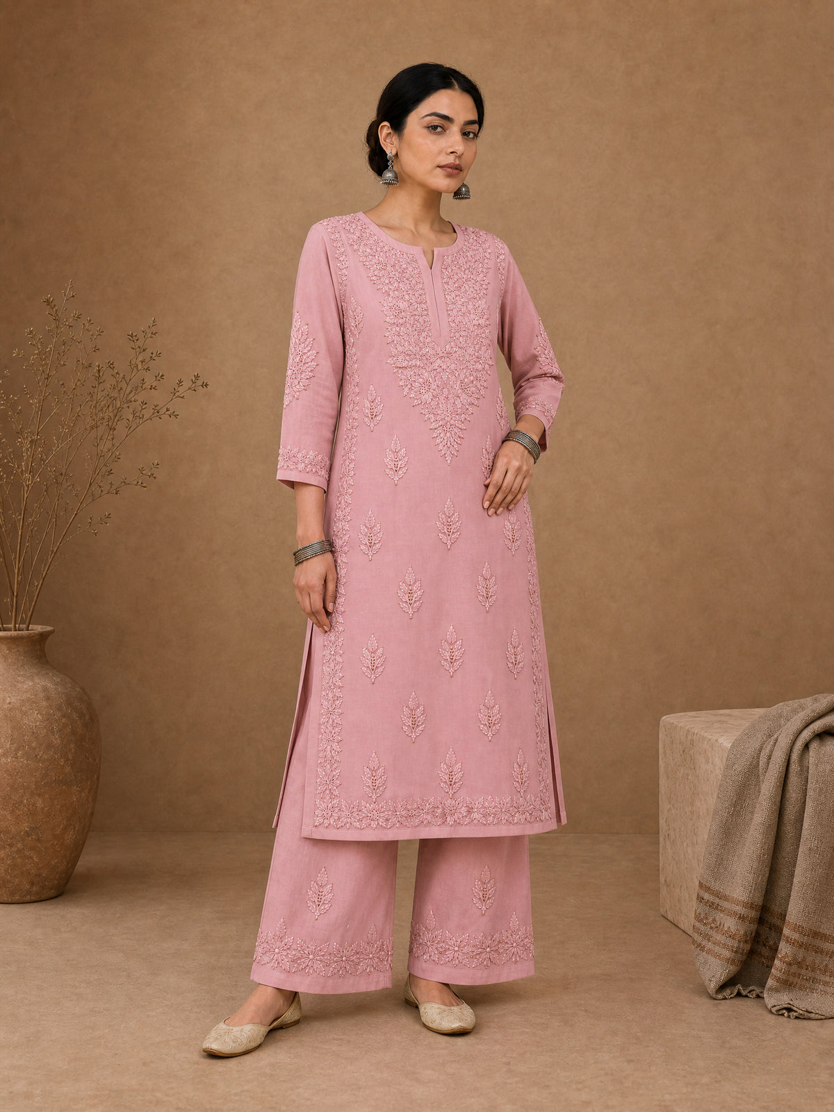Pink Aangan Chanderi Chikankari Kurta Set