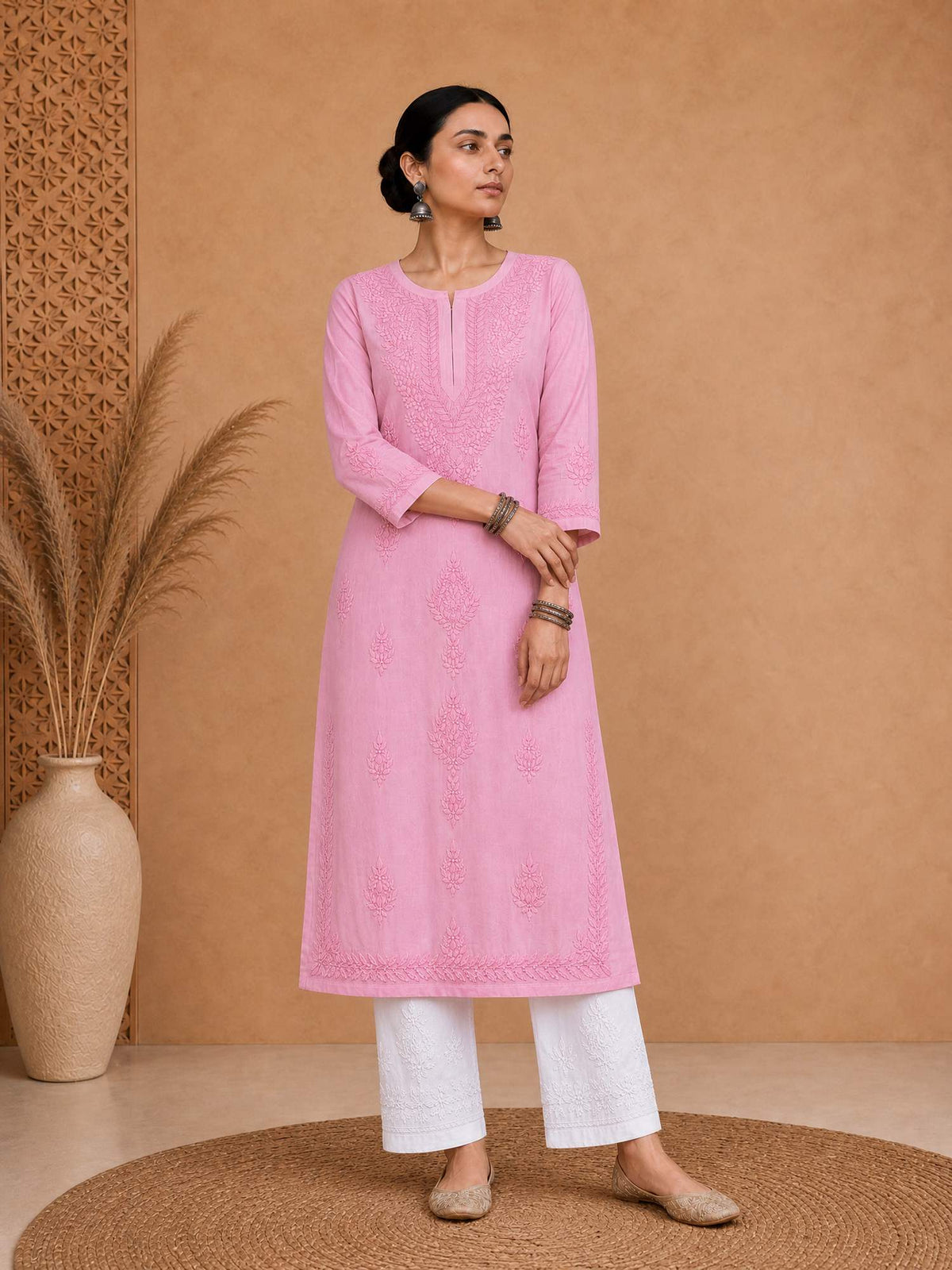 Pink Chanderi Silk Chikankari Women's Straight Long Kurta
